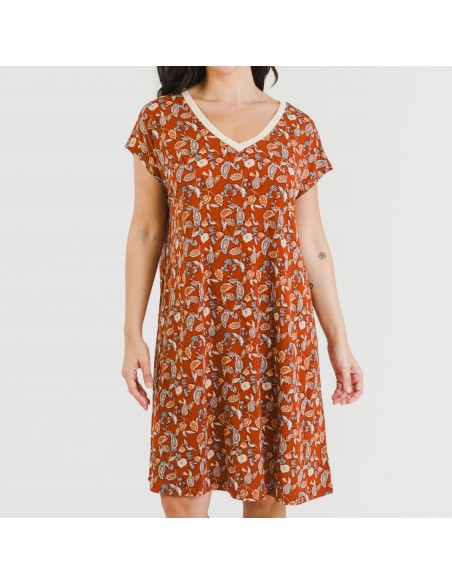 Vestido corto manga fluida crepe Premisa teja