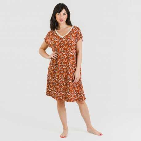 Vestido corto manga fluida crepe Premisa teja