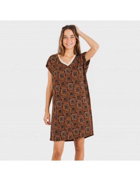 Vestido corto manga fluida crepe Liviana teja Vestido corto manga fluida crepe Liviana teja