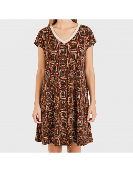 Vestido corto manga fluida crepe Liviana teja Vestido corto manga fluida crepe Liviana teja