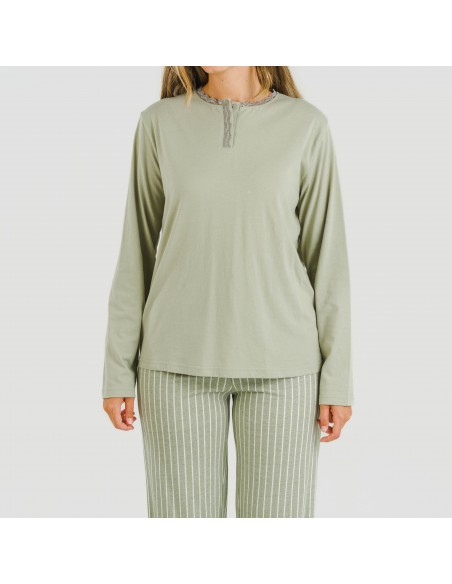 Pijama largo algodón Raya Beatrice verde caceria Pijama largo algodón Raya Beatrice verde caceria