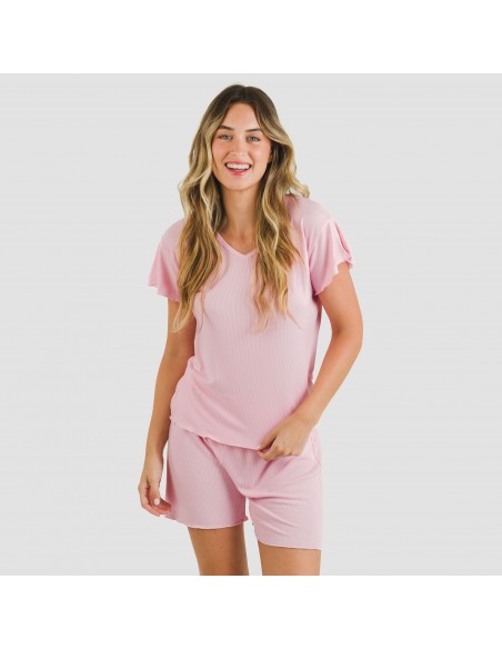 Pijama corto de manga corta mujer canale viscosa liso Pijama corto de manga corta mujer canale viscosa liso
