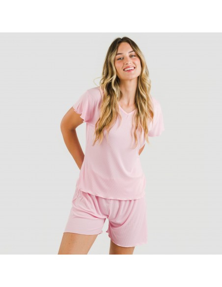 Pijama corto de manga corta mujer canale viscosa liso Pijama corto de manga corta mujer canale viscosa liso