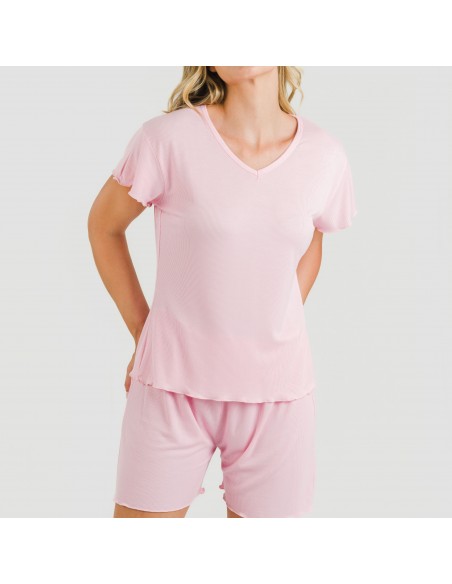 Pijama corto de manga corta mujer canale viscosa liso Pijama corto de manga corta mujer canale viscosa liso