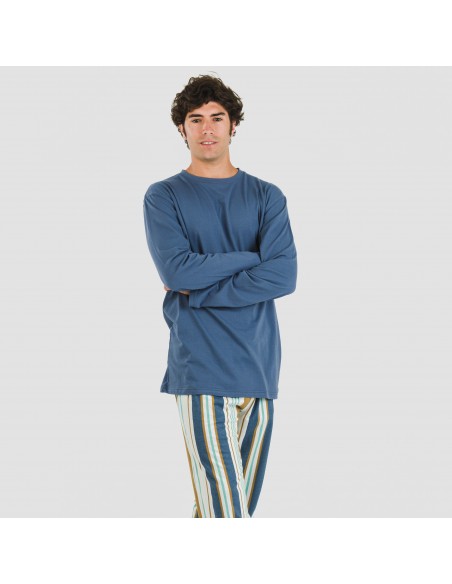 Pijama largo algodón hombre Raya Cap azul Pijama largo algodón hombre Raya Cap azul