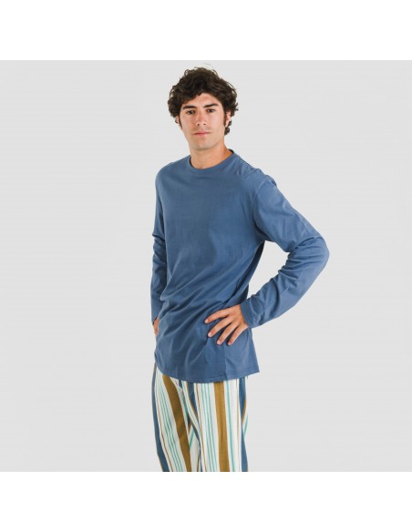 Pijama largo algodón hombre Raya Cap azul Pijama largo algodón hombre Raya Cap azul