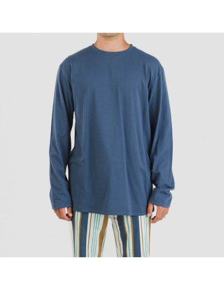 Pijama largo algodón hombre Raya Cap azul Pijama largo algodón hombre Raya Cap azul