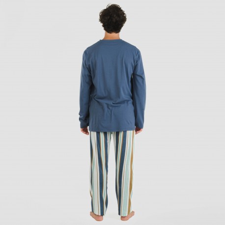 Pijama largo algodón hombre Raya Cap azul