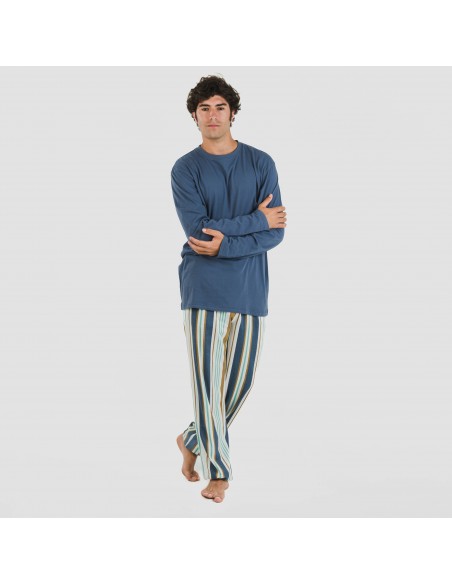 Pijama largo algodón hombre Raya Cap azul Pijama largo algodón hombre Raya Cap azul