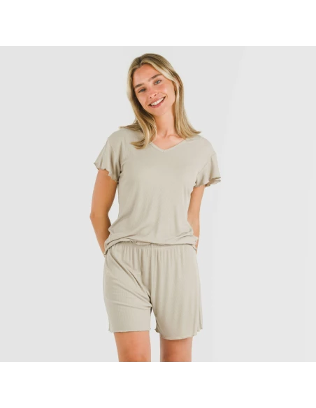 Pijama corto de manga corta mujer canale viscosa liso Pijama corto de manga corta mujer canale viscosa liso