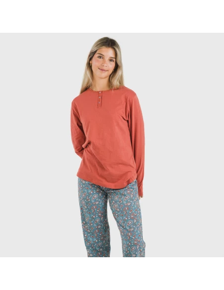 Pijama largo algodón Campiña teja