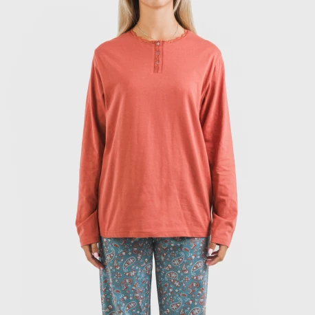 Pijama largo algodón Campiña teja