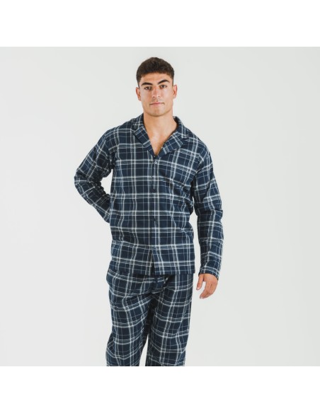 Pijama franela con solapa hombre Cuadro Brais azul Pijama franela con solapa hombre Cuadro Brais azul