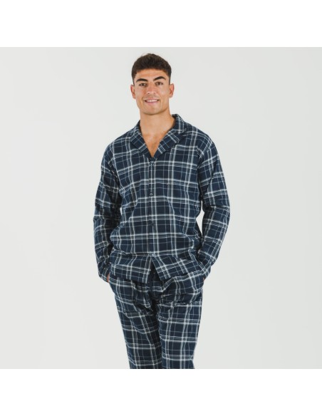 Pijama franela con solapa hombre Cuadro Brais azul Pijama franela con solapa hombre Cuadro Brais azul