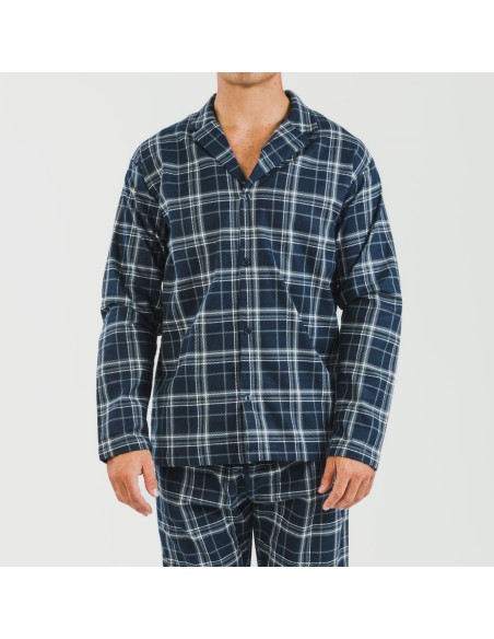Pijama franela con solapa hombre Cuadro Brais azul Pijama franela con solapa hombre Cuadro Brais azul