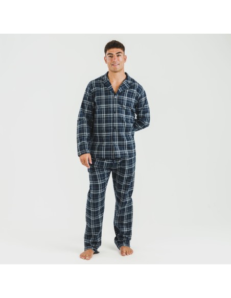 Pijama franela con solapa hombre Cuadro Brais azul Pijama franela con solapa hombre Cuadro Brais azul