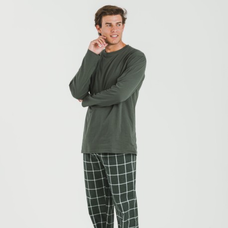 Pijama hombre franela Cuadro Andino verde caceria