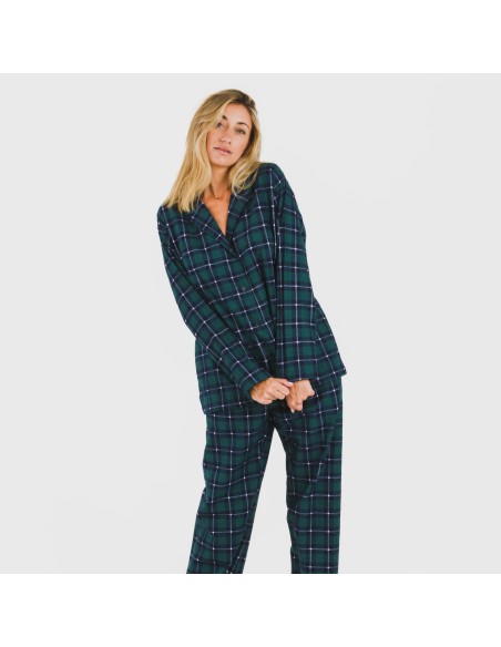 Pijama franela con solapa mujer Cuadro Ruz verde Pijama franela con solapa mujer Cuadro Ruz verde