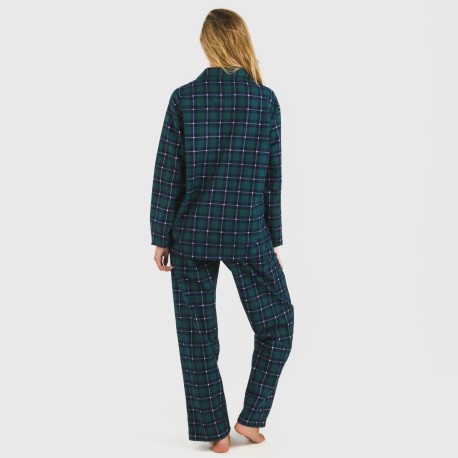 Pijama franela con solapa mujer Cuadro Ruz verde