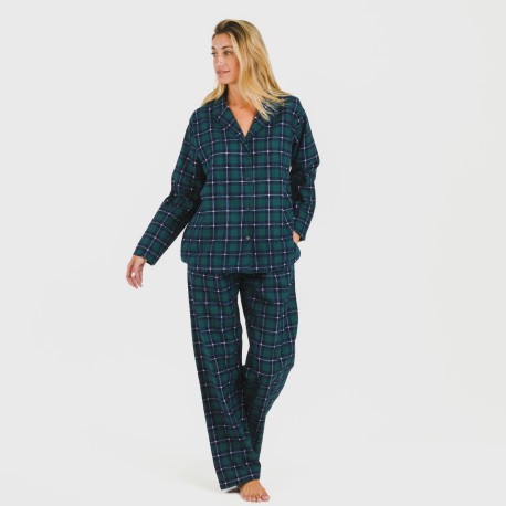 Pijama franela con solapa mujer Cuadro Ruz verde