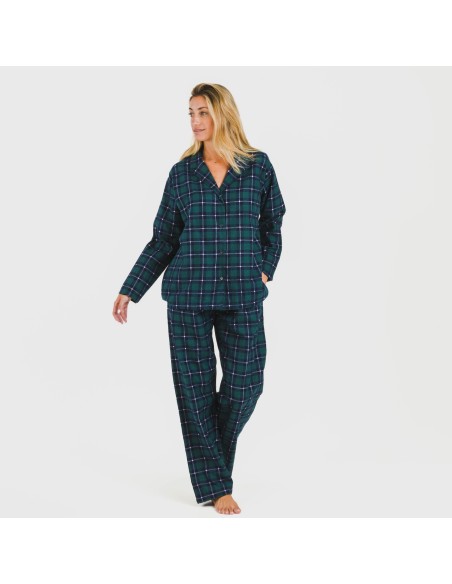 Pijama franela con solapa mujer Cuadro Ruz verde Pijama franela con solapa mujer Cuadro Ruz verde
