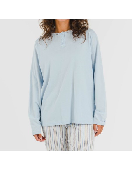 Pijama largo algodón Raya Bill celeste Pijama largo algodón Raya Bill celeste