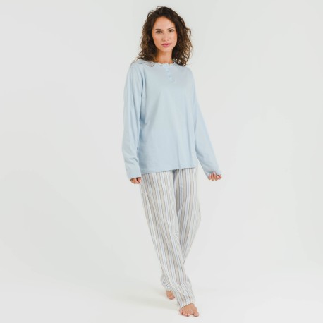 Pijama largo algodón Raya Bill celeste