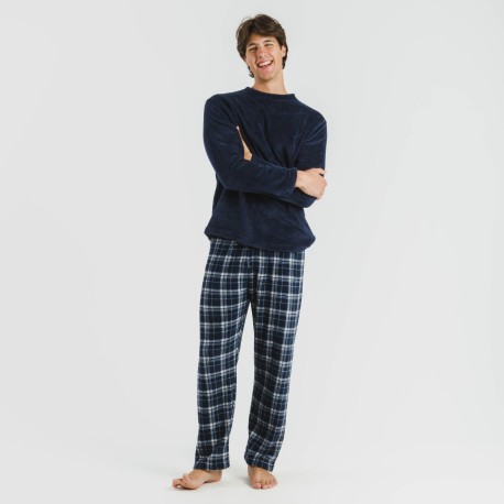 Pijama coral hombre Cuadro Brais azul marino