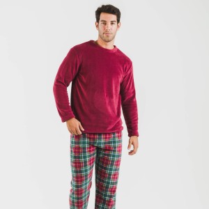 Pijama coral hombre Cuadro Aros burdeos
