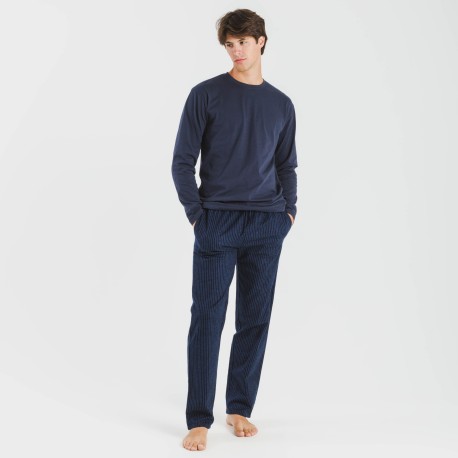 Pijama hombre franela Raya Derek azul marino