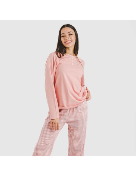 Pijama largo algodón Cuadro Vichy rosa