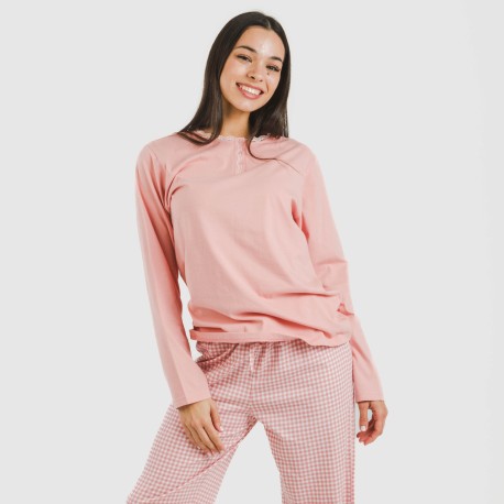Pijama largo algodón Cuadro Vichy rosa