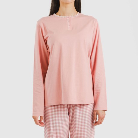 Pijama largo algodón Cuadro Vichy rosa