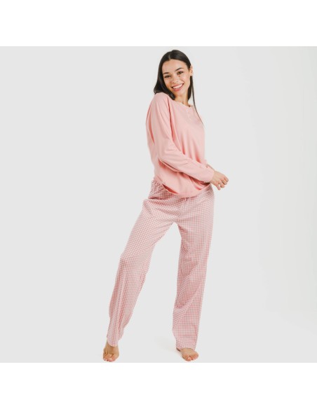 Pijama largo algodón Cuadro Vichy rosa