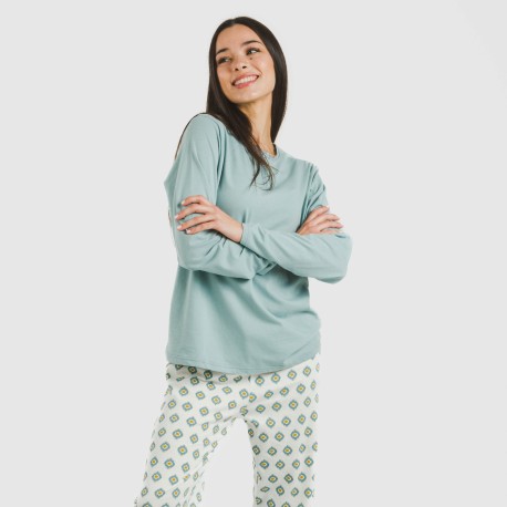 Pijama largo algodón Joy agua marina