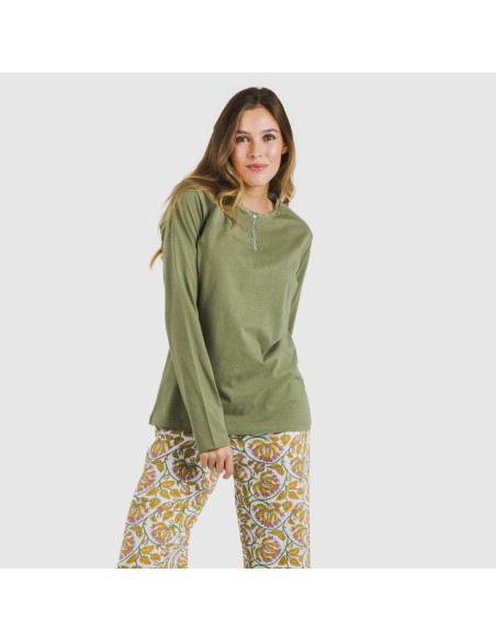 Pijama largo algodón Venus verde caceria