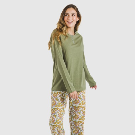 Pijama largo algodón Venus verde caceria