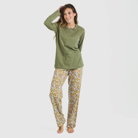 Pijama largo algodón Venus verde caceria
