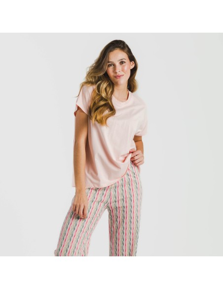Pijama largo algodón mujer manga fluida Villa rosa