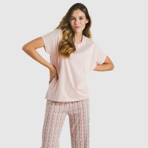 Pijama largo algodón mujer manga fluida Villa rosa 2