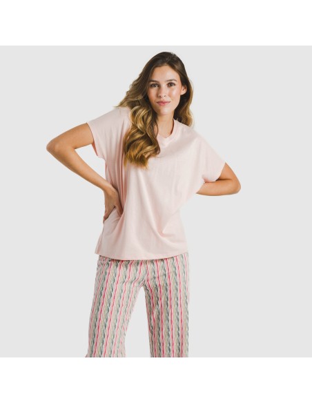 Pijama largo algodón mujer manga fluida Villa rosa