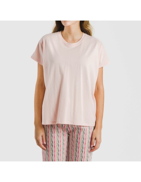 Pijama largo algodón mujer manga fluida Villa rosa