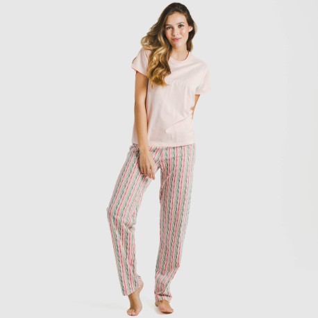 Pijama largo algodón mujer manga fluida Villa rosa