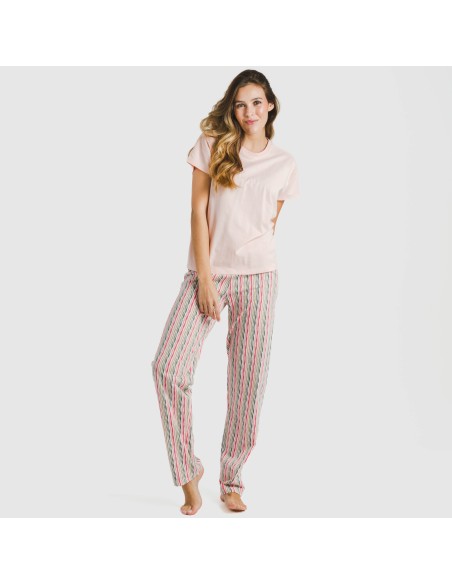 Pijama largo algodón mujer manga fluida Villa rosa