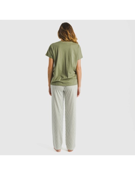 Pijama largo algodón mujer manga fluida Raya Mozarabe verde