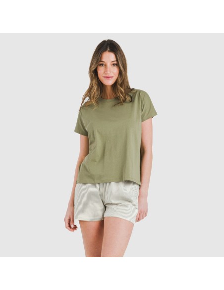 Pijama corto manga fluida algodón mujer Raya Mozarabe verde Pijama corto manga fluida algodón mujer Raya Mozarabe verde