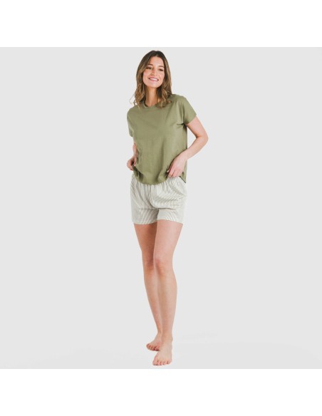 Pijama corto manga fluida algodón mujer Raya Mozarabe verde Pijama corto manga fluida algodón mujer Raya Mozarabe verde