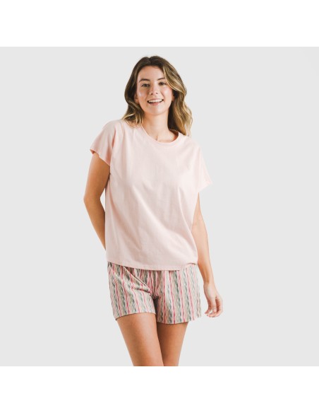 Pijama corto manga fluida algodón mujer Villa rosa Pijama corto manga fluida algodón mujer Villa rosa