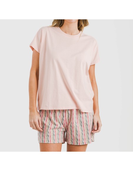 Pijama corto manga fluida algodón mujer Villa rosa Pijama corto manga fluida algodón mujer Villa rosa