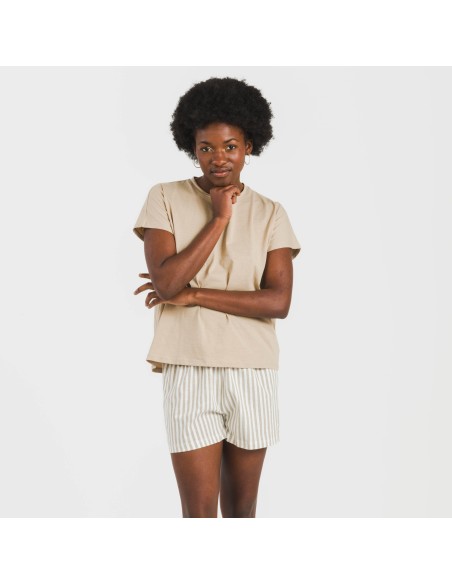 Pijama corto manga fluida algodón mujer Raya Kodac arena Pijama corto manga fluida algodón mujer Raya Kodac arena